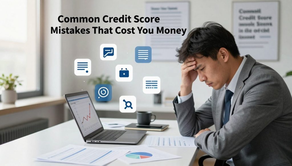 A visually engaging image illustrating "Common Credit Score Mistakes That Cost You Money". In the foreground, a stressed professional in business attire sits at a modern desk cluttered with financial documents and a laptop displaying a declining credit score graph. The middle layer shows floating icons representing common mistakes, like late payment reminders, high credit utilization, and numerous credit inquiries. The background features a sleek office with motivational posters about financial literacy, softly lit by natural sunlight from a nearby window. The overall mood is one of urgency and caution, highlighting the importance of being mindful with credit scores. The scene is captured with a shallow depth of field, focusing on the foreboding expressions of the professional while blurring the background elements subtly.