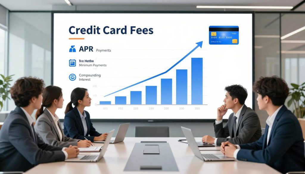 An educational illustration depicting the mechanics of credit card interest. In the foreground, show a diverse group of individuals in professional business attire, gathered around a modern conference table, engaged in discussion with a large visual graph displaying rising interest rates and debt accumulation. In the middle ground, include a detailed infographic on credit card fees, showing key terms like APR, minimum payments, and compounding interest, creatively integrated within the scene. The background features a sleek, contemporary office environment with soft, natural light filtering through glass windows, creating a bright and inviting atmosphere that emphasizes financial literacy. The overall mood should be informative yet approachable, encouraging a sense of understanding and empowerment in financial management. An educational illustration depicting the mechanics of credit card interest. In the foreground, show a diverse group of individuals in professional business attire, gathered around a modern conference table, engaged in discussion with a large visual graph displaying rising interest rates and debt accumulation. In the middle ground, include a detailed infographic on credit card fees, showing key terms like APR, minimum payments, and compounding interest, creatively integrated within the scene. The background features a sleek, contemporary office environment with soft, natural light filtering through glass windows, creating a bright and inviting atmosphere that emphasizes financial literacy. The overall mood should be informative yet approachable, encouraging a sense of understanding and empowerment in financial management.